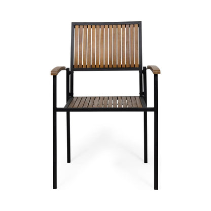 Side Dining Chair Set of 2, Outdoor Slatted Brown Acacia Wood, Black Iron