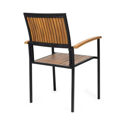 Side Dining Chair Set of 2, Outdoor Slatted Brown Acacia Wood, Black Iron