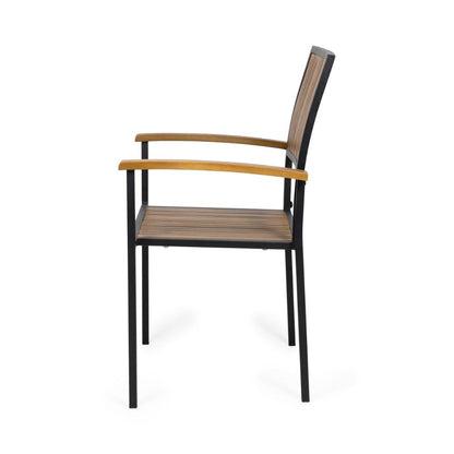 Side Dining Chair Set of 2, Outdoor Slatted Brown Acacia Wood, Black Iron
