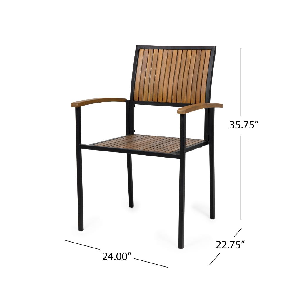 Side Dining Chair Set of 2, Outdoor Slatted Brown Acacia Wood, Black Iron