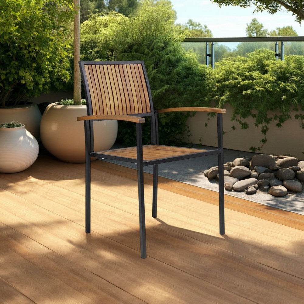 Side Dining Chair Set of 2, Outdoor Slatted Brown Acacia Wood, Black Iron
