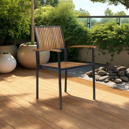 Side Dining Chair Set of 2, Outdoor Slatted Brown Acacia Wood, Black Iron
