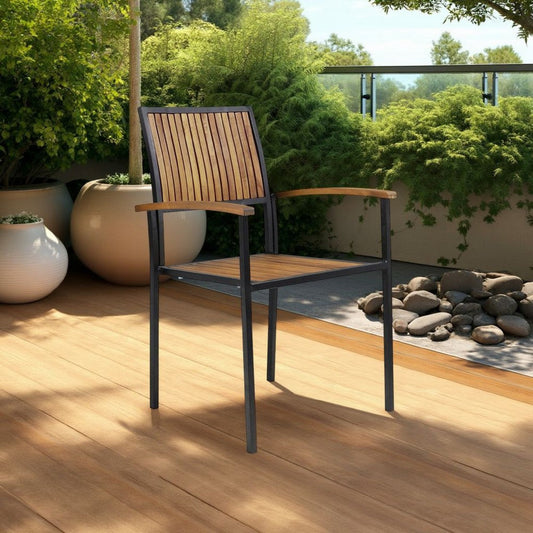 Side Dining Chair Set of 2, Outdoor Slatted Brown Acacia Wood, Black Iron