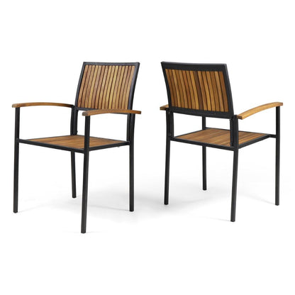 Side Dining Chair Set of 2, Outdoor Slatted Brown Acacia Wood, Black Iron