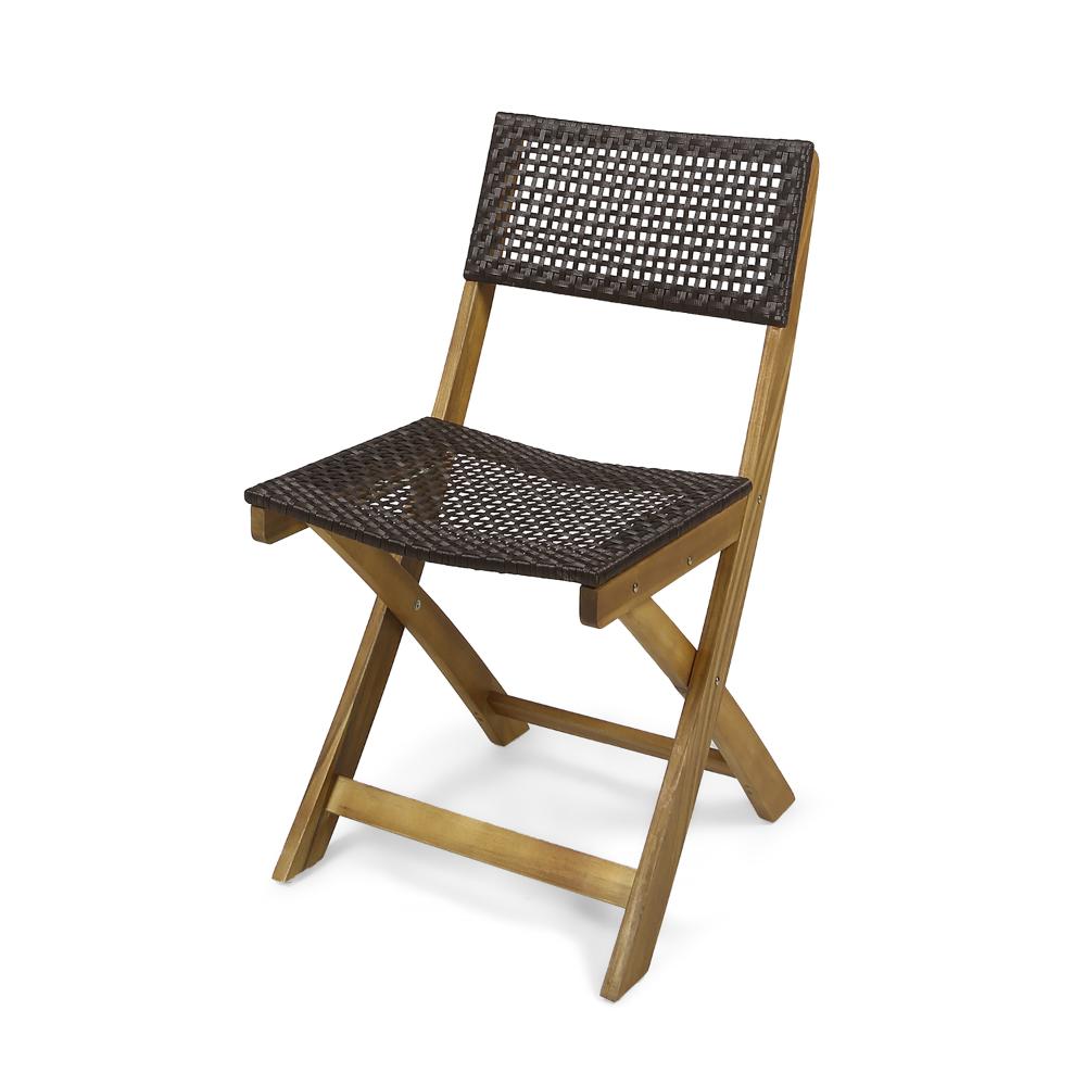 Bistro Side Chair, Foldable, Outdoor Gray Wicker Cane, Brown Acacia Wood