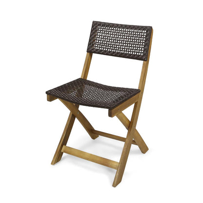Bistro Side Chair, Foldable, Outdoor Gray Wicker Cane, Brown Acacia Wood