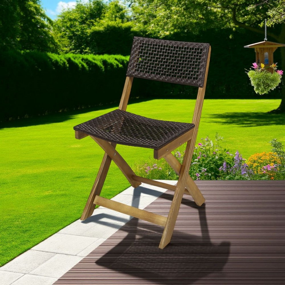 Bistro Side Chair, Foldable, Outdoor Gray Wicker Cane, Brown Acacia Wood