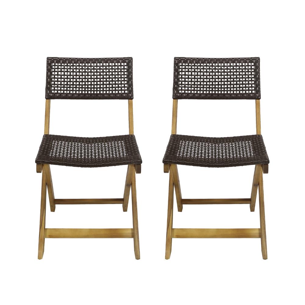 Bistro Side Chair, Foldable, Outdoor Gray Wicker Cane, Brown Acacia Wood