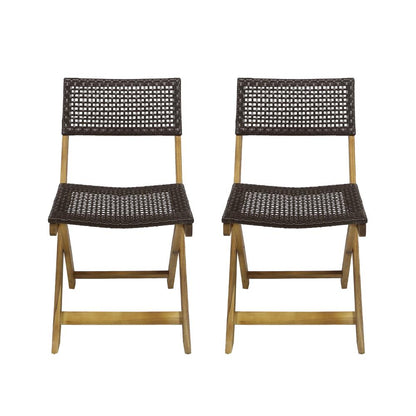 Bistro Side Chair, Foldable, Outdoor Gray Wicker Cane, Brown Acacia Wood