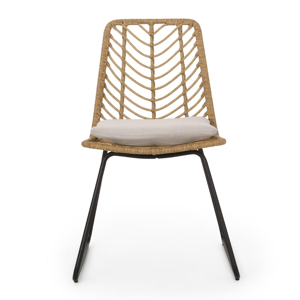 Side Dining Chair Set of 2, Black Metal, White Fabric, Brown Wicker Rattan