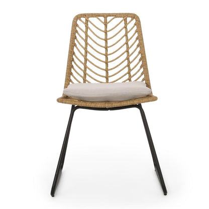 Side Dining Chair Set of 2, Black Metal, White Fabric, Brown Wicker Rattan