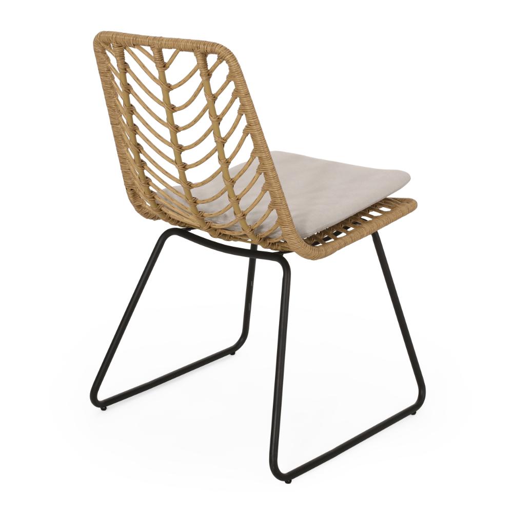 Side Dining Chair Set of 2, Black Metal, White Fabric, Brown Wicker Rattan