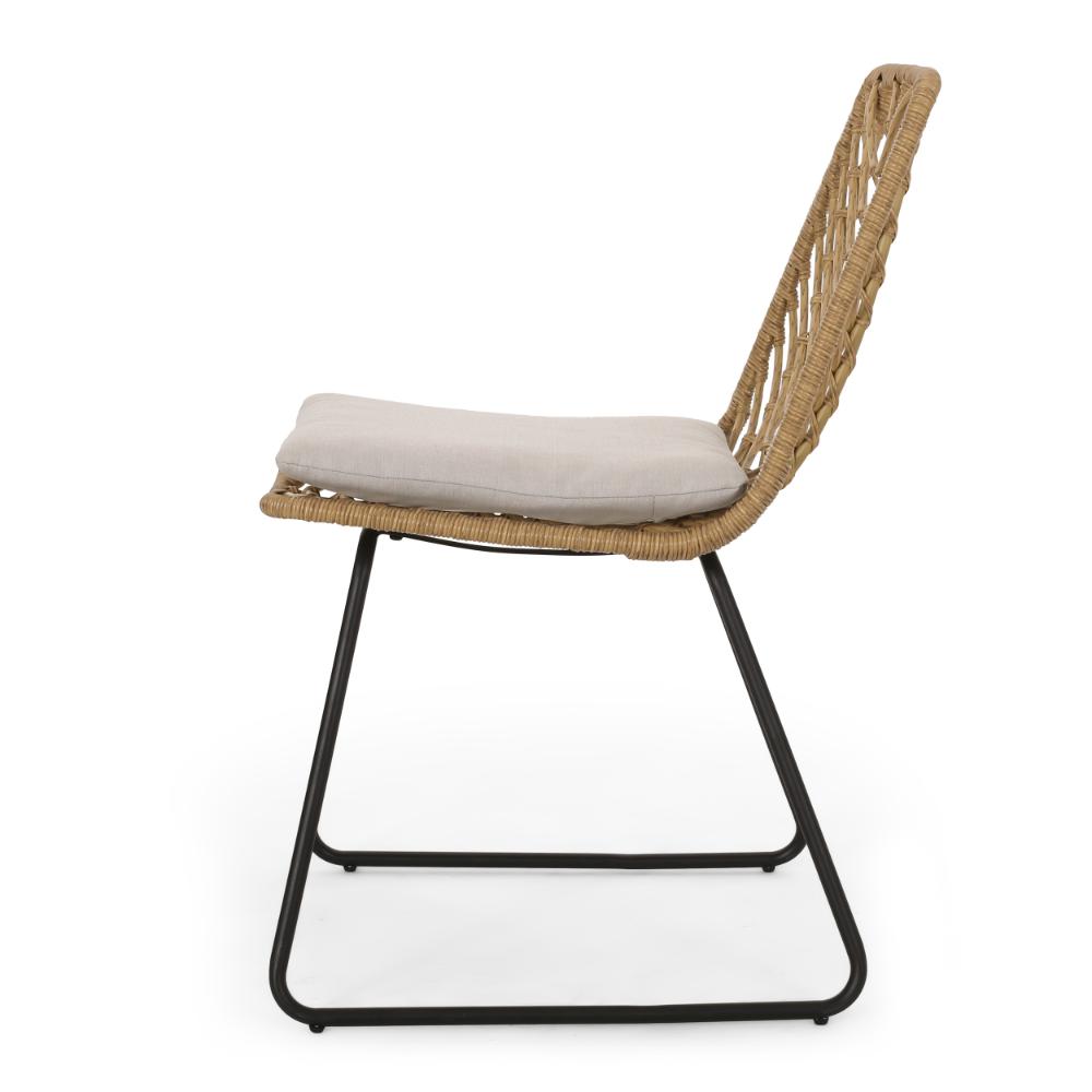 Side Dining Chair Set of 2, Black Metal, White Fabric, Brown Wicker Rattan