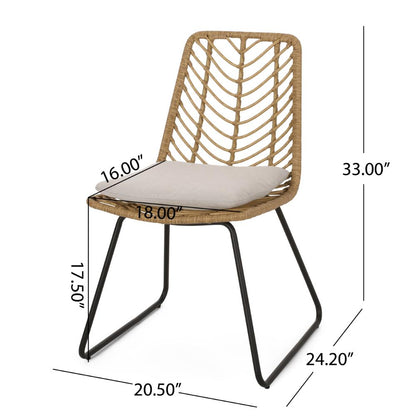 Side Dining Chair Set of 2, Black Metal, White Fabric, Brown Wicker Rattan
