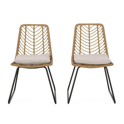 Side Dining Chair Set of 2, Black Metal, White Fabric, Brown Wicker Rattan