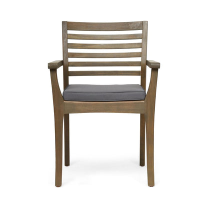Dining Chair, Slatted Back, Modern, Teak Brown Acacia Wood, Gray Fabric