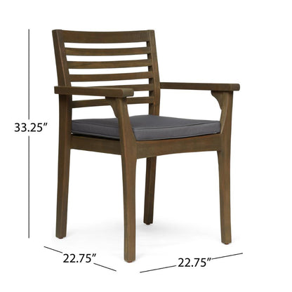 Dining Chair, Slatted Back, Modern, Teak Brown Acacia Wood, Gray Fabric