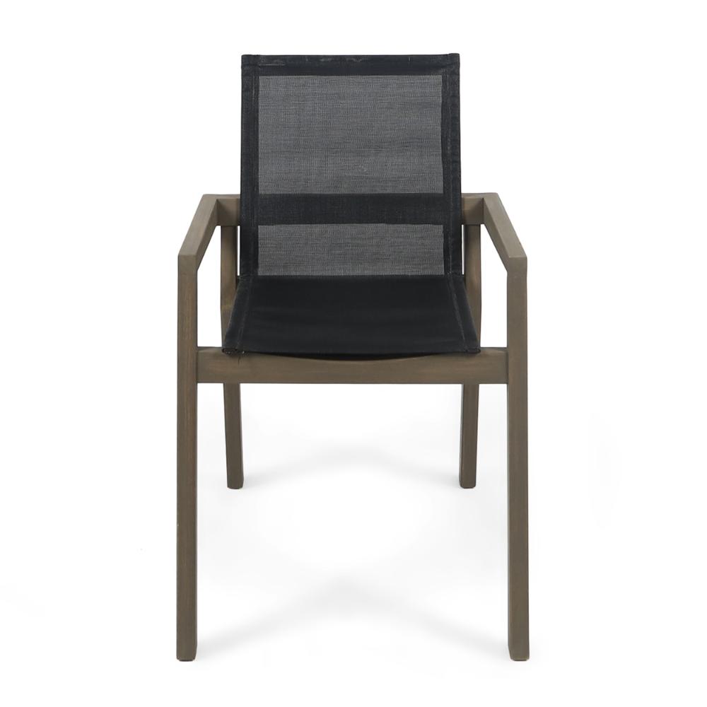 Side Dining Chair Set of 2, Angled Legs, Gray Mesh, Brown Acacia Wood