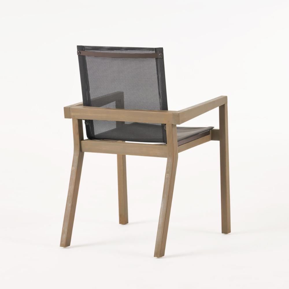 Side Dining Chair Set of 2, Angled Legs, Gray Mesh, Brown Acacia Wood