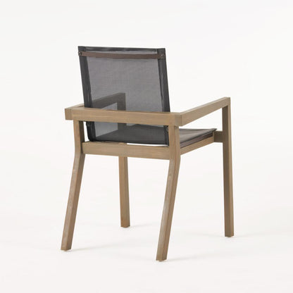 Side Dining Chair Set of 2, Angled Legs, Gray Mesh, Brown Acacia Wood