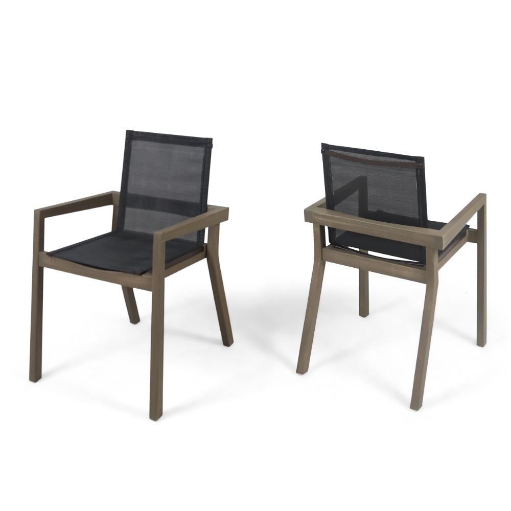 Side Dining Chair Set of 2, Angled Legs, Gray Mesh, Brown Acacia Wood