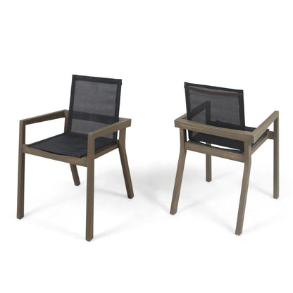 Side Dining Chair Set of 2, Angled Legs, Gray Mesh, Brown Acacia Wood