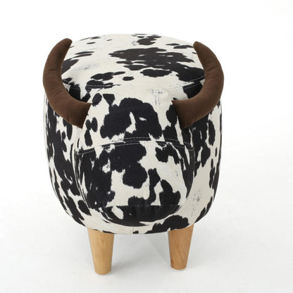 Massy Cow Kids Ottoman 25 Inches, Black, White Velvet, Light Brown Horn