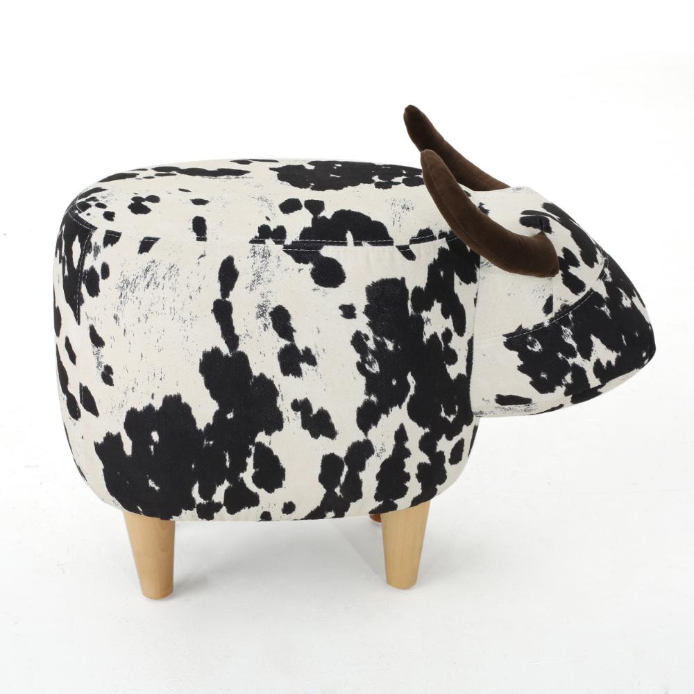 Massy Cow Kids Ottoman 25 Inches, Black, White Velvet, Light Brown Horn