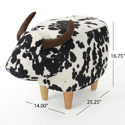 Massy Cow Kids Ottoman 25 Inches, Black, White Velvet, Light Brown Horn