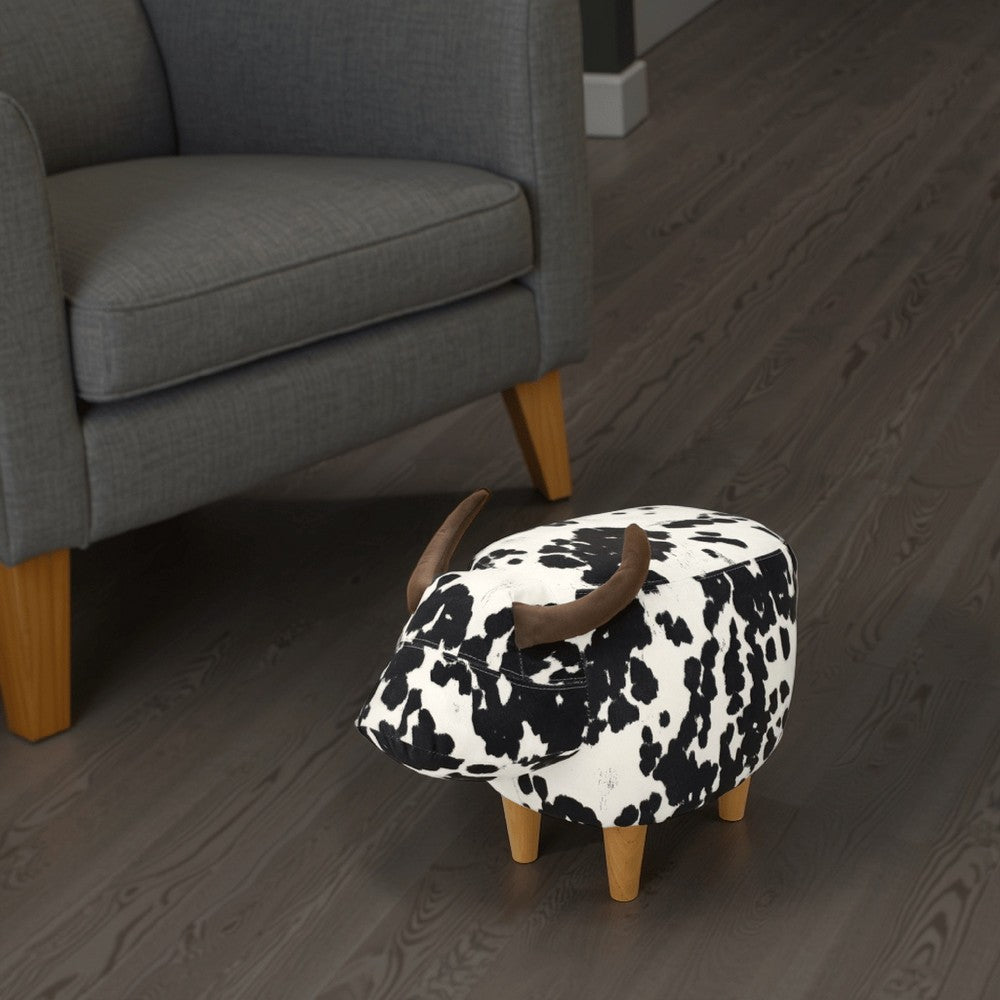 Massy Cow Kids Ottoman 25 Inches, Black, White Velvet, Light Brown Horn