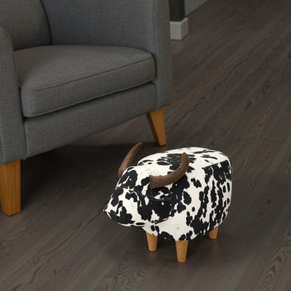 Massy Cow Kids Ottoman 25 Inches, Black, White Velvet, Light Brown Horn