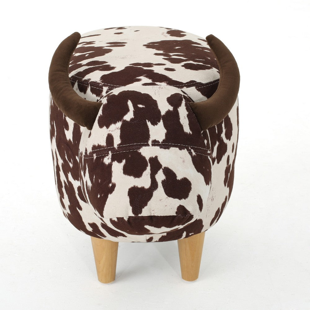 Massy Cow Kids Ottoman 25 Inches, Brown, White Velvet, Light Brown Horn
