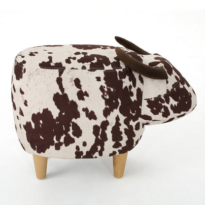 Massy Cow Kids Ottoman 25 Inches, Brown, White Velvet, Light Brown Horn