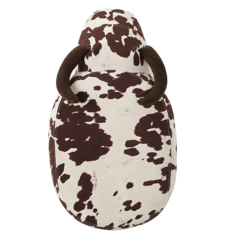 Massy Cow Kids Ottoman 25 Inches, Brown, White Velvet, Light Brown Horn