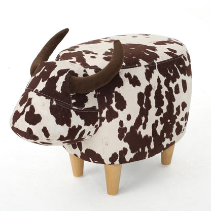 Massy Cow Kids Ottoman 25 Inches, Brown, White Velvet, Light Brown Horn