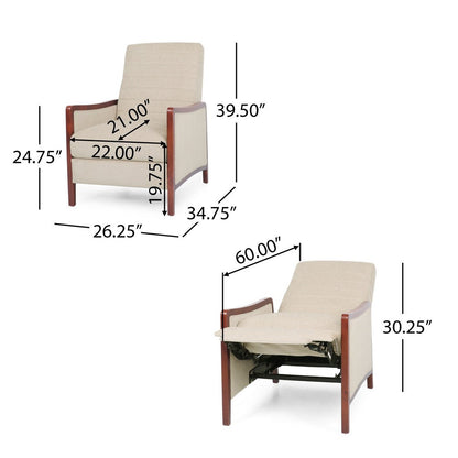 Ryka Pushback Manual Recliner Chair, Channel Stitch Beige, Birch Wood