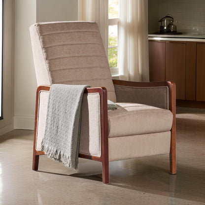 Ryka Pushback Manual Recliner Chair, Channel Stitch Beige, Birch Wood