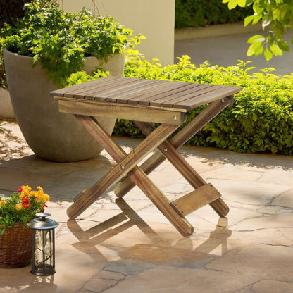 Kyre Outdoor Side Table, Foldable Slatted 23 Inch, Brown Acacia Wood
