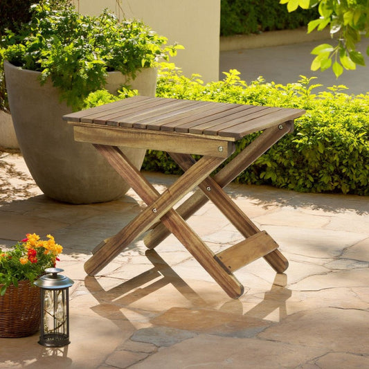 Kyre Outdoor Side Table, Foldable Slatted 23 Inch, Brown Acacia Wood