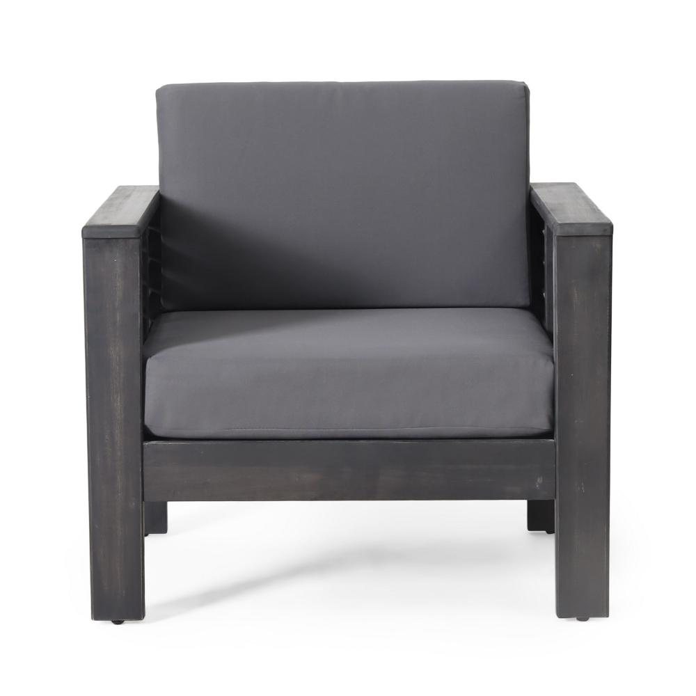 Quim Outdoor Club Chair, Shutter Slat Panel, Gray Acacia Wood, Gray Fabric