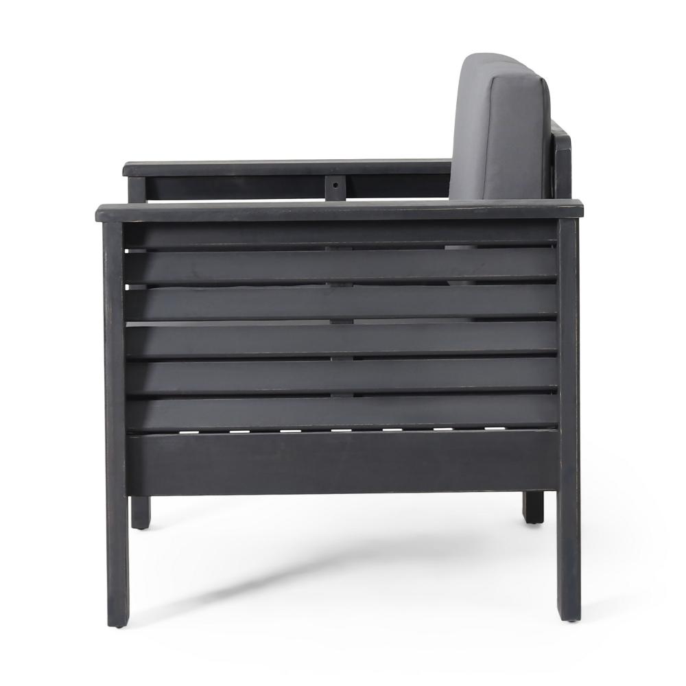 Quim Outdoor Club Chair, Shutter Slat Panel, Gray Acacia Wood, Gray Fabric