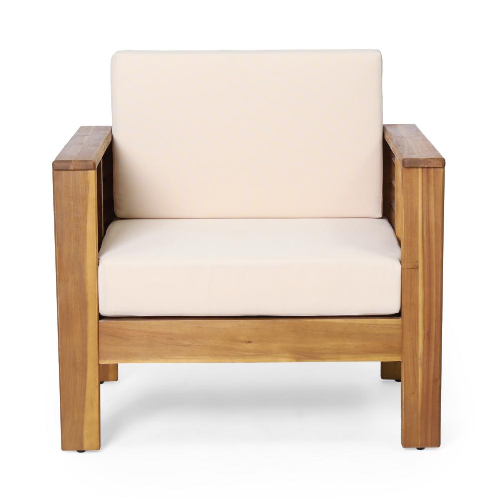 Quim Outdoor Club Chair, Shutter Slat Panel, Brown Acacia Wood, Beige
