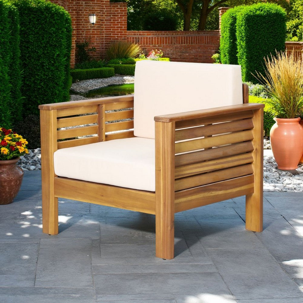 Quim Outdoor Club Chair, Shutter Slat Panel, Brown Acacia Wood, Beige