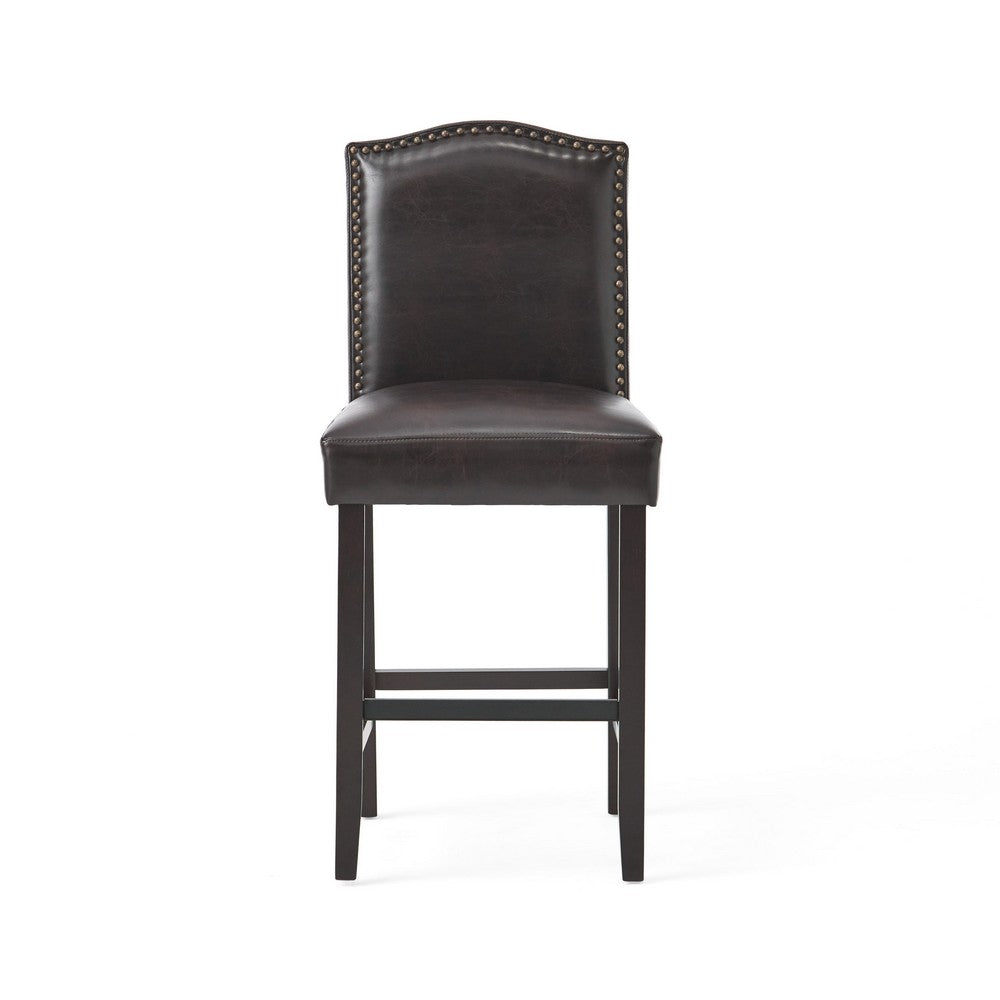 Counter Height Chair Set of 2, Nailhead Trim, Brown and Walnut Faux Leather