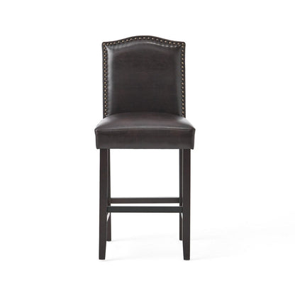 Counter Height Chair Set of 2, Nailhead Trim, Brown and Walnut Faux Leather