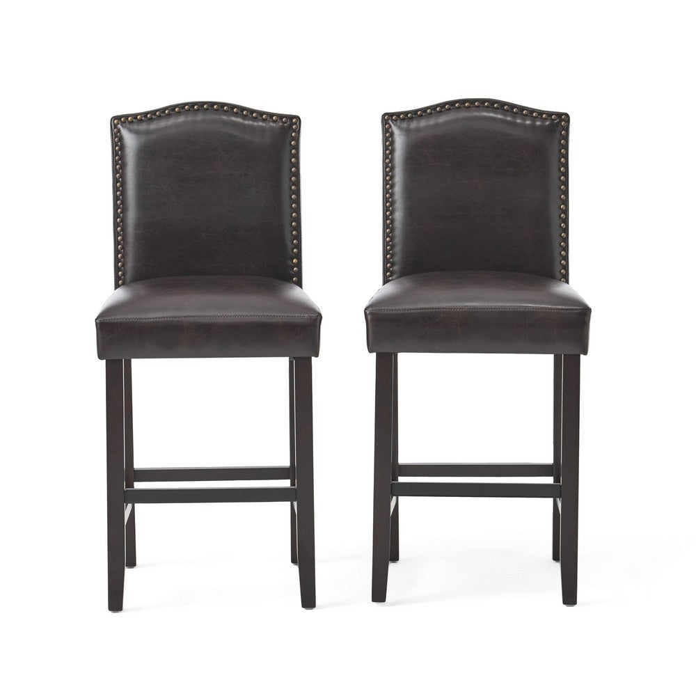 Counter Height Chair Set of 2, Nailhead Trim, Brown and Walnut Faux Leather