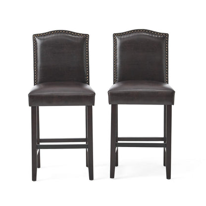 Counter Height Chair Set of 2, Nailhead Trim, Brown and Walnut Faux Leather