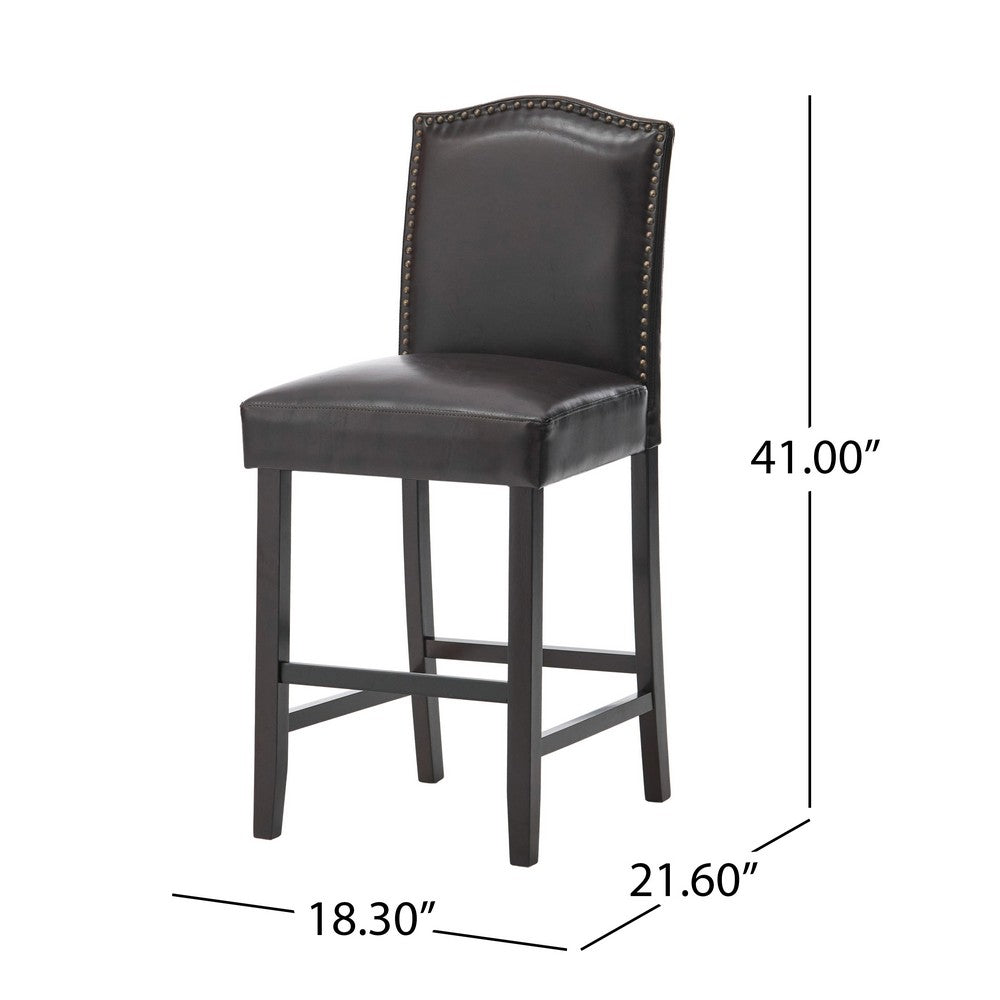 Counter Height Chair Set of 2, Nailhead Trim, Brown and Walnut Faux Leather