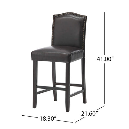 Counter Height Chair Set of 2, Nailhead Trim, Brown and Walnut Faux Leather