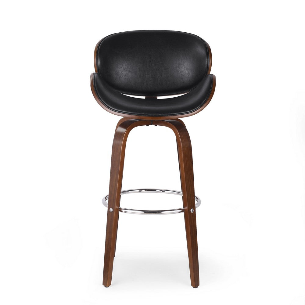 Zaine Swivel Barstool Chair, Walnut Veneer, Black Faux Leather